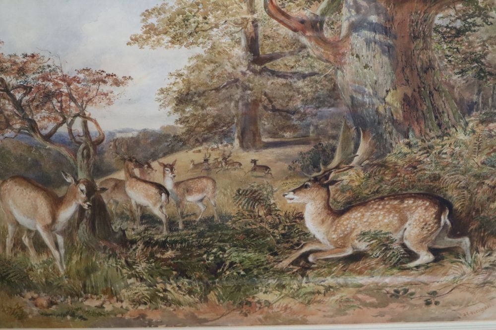 Charles Harvey Weigall (1794-1877), watercolour, Deer in parkland, a stately home beyond, signed, 42 x 64cm